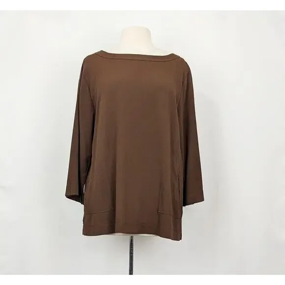 Linea Louis Dell'Olio Top Peasant Brown Pebbled Gauze Pocket Shirt Misses Size L - Picture 1 of 8